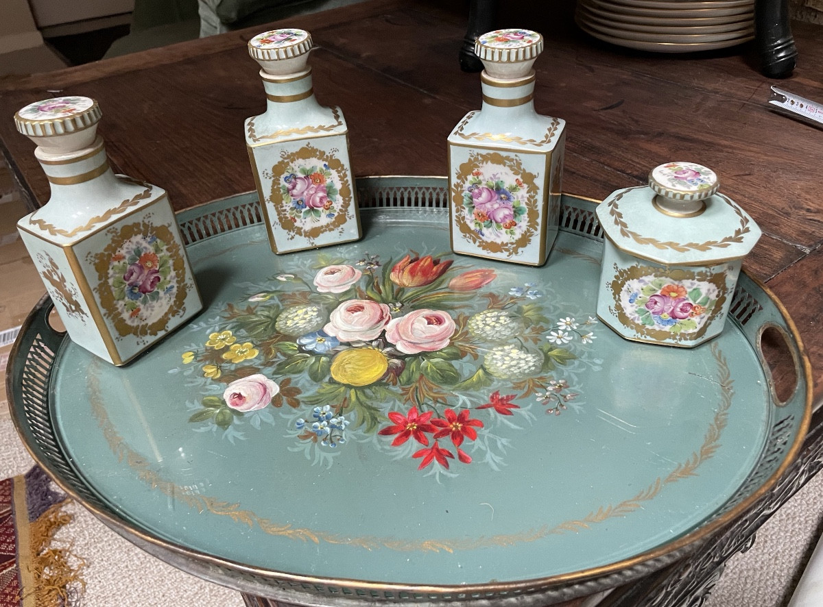 Porcelain Toilet Service And Matching Painted Tin Tray 