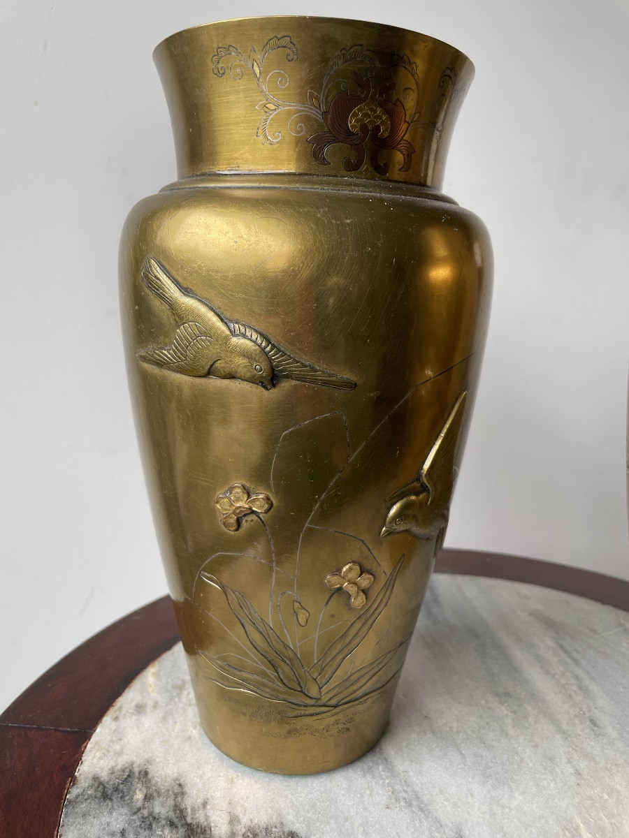 Japan, Pair Of Bird-decorated Vases, Gilt Bronze-photo-3