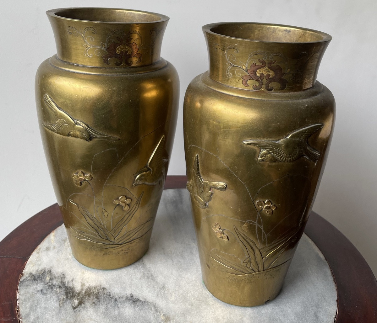 Japan, Pair Of Bird-decorated Vases, Gilt Bronze-photo-4