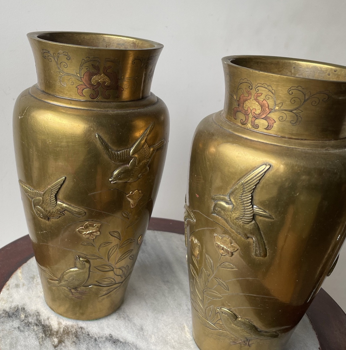 Japan, Pair Of Bird-decorated Vases, Gilt Bronze-photo-6