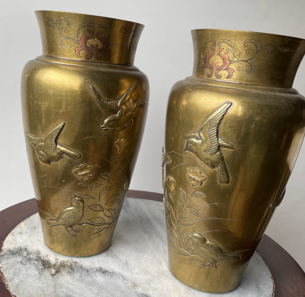 Japan, Pair Of Bird-decorated Vases, Gilt Bronze-photo-7