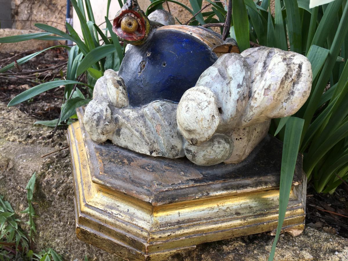 Socle De Statue, Bois Polychrome, Art Populaire, XIXè-photo-2