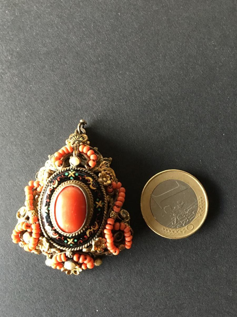 Pendentif Corail, Email Et Perles, (6 cm) Napoléon III-photo-2