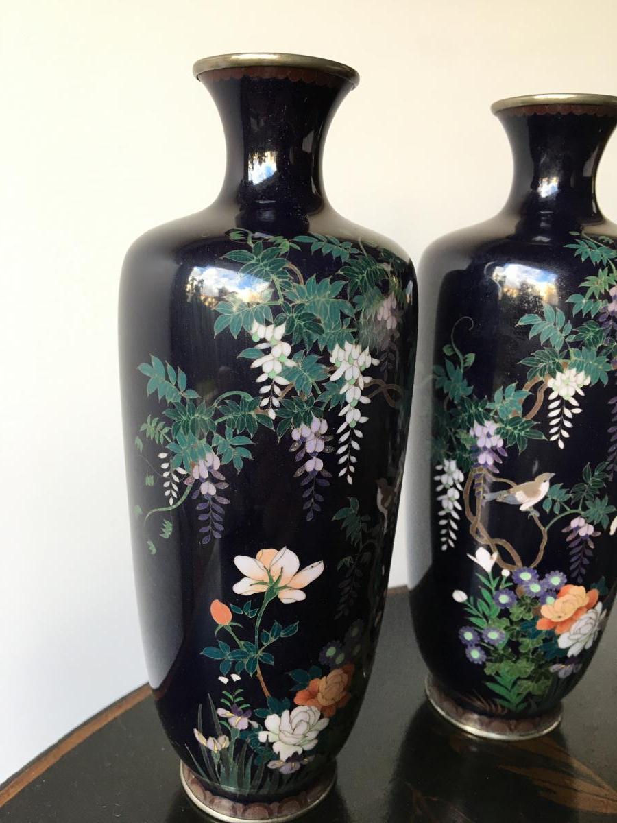 Pair Of Cloisonné Vases, Mounted Silver, Japan, 1900-photo-1