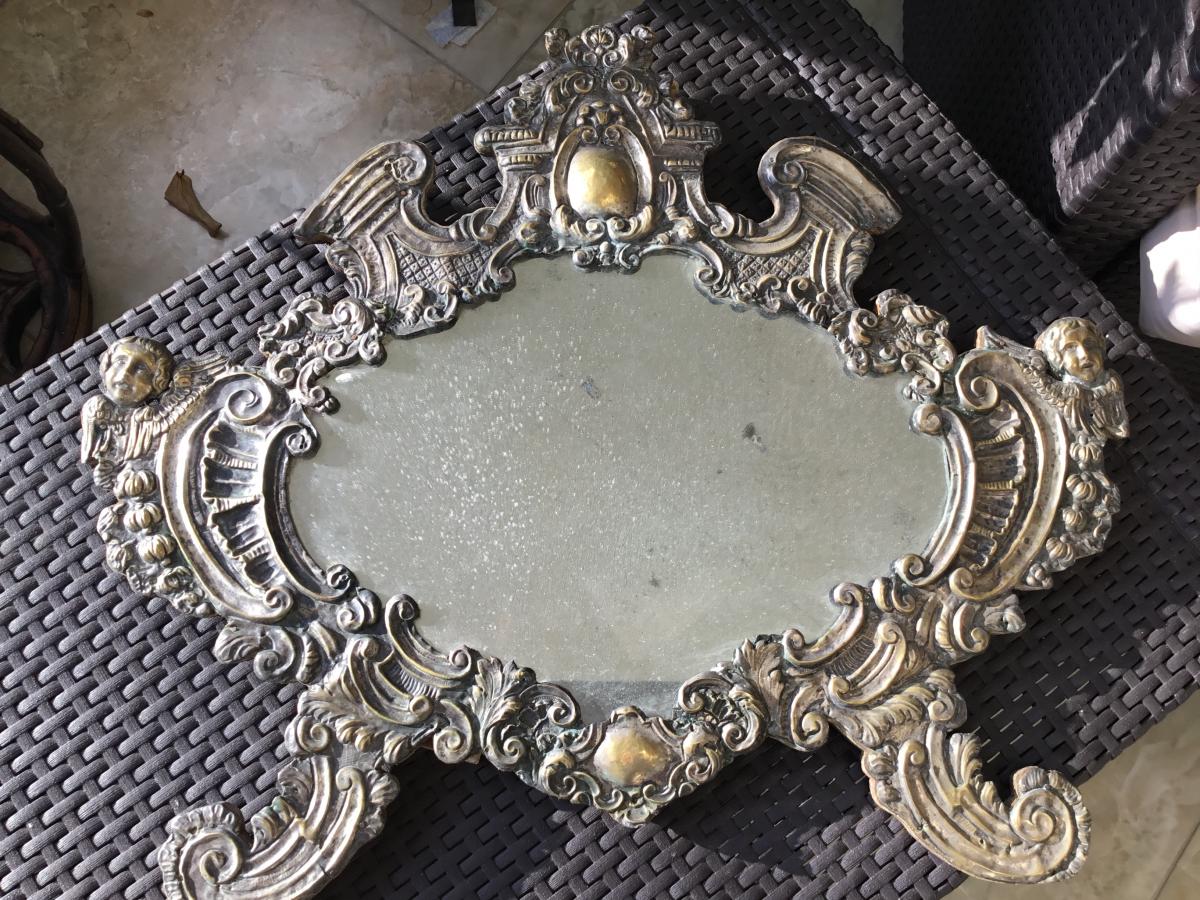 Italian Mirror, Repousse Silver Metal, (64 Cm) Nineteenth-photo-2