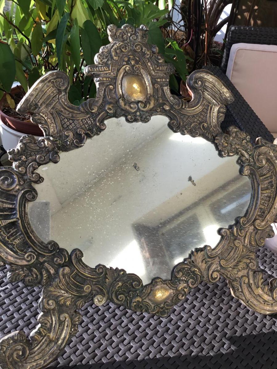 Italian Mirror, Repousse Silver Metal, (64 Cm) Nineteenth-photo-3