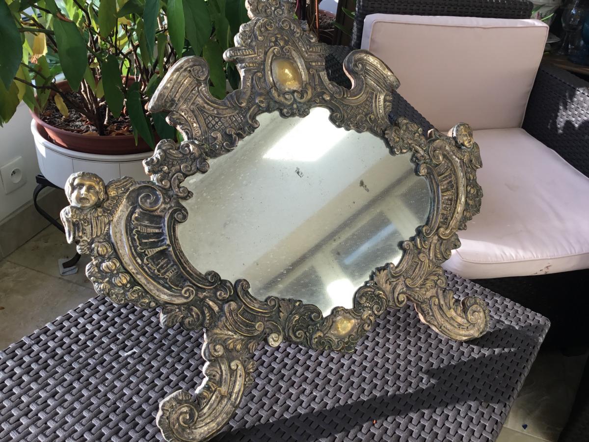 Italian Mirror, Repousse Silver Metal, (64 Cm) Nineteenth-photo-2