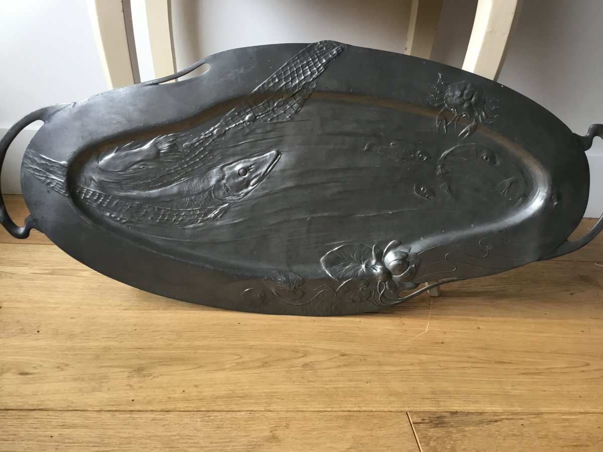 Oval Fish Dish Art Nouveau Pewter-photo-1