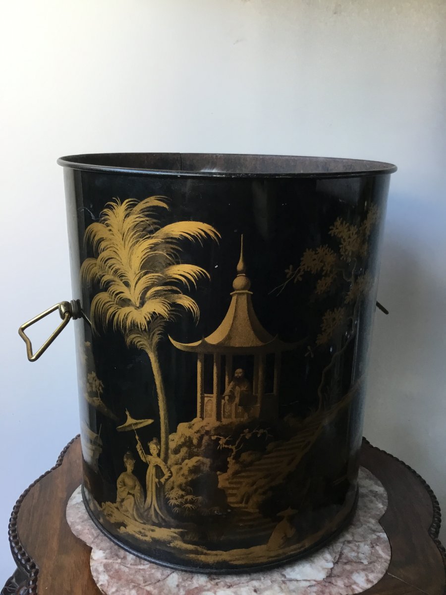 Wastepaper Basket Sheet Metal Decor Chinoiseries, 1900-photo-4