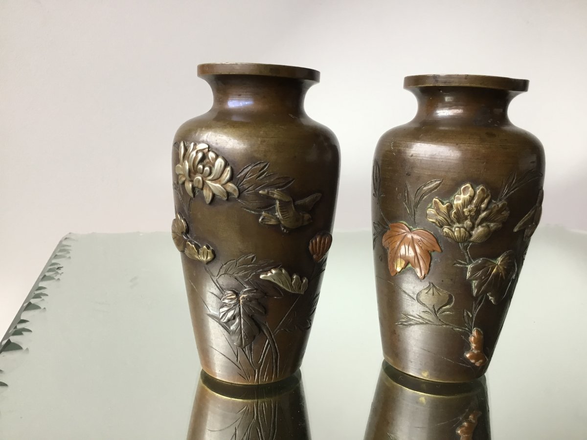 Pair Of Small Bronze Vases Japan, Meiji Period-photo-2