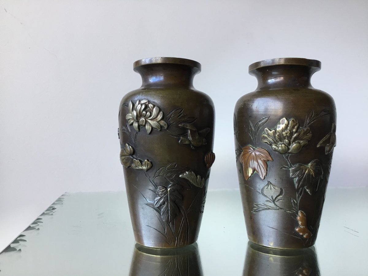 Pair Of Small Bronze Vases Japan, Meiji Period-photo-5