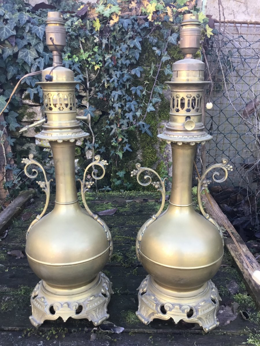 Paire De Grandes Lampes à Pétrole En Laiton Doré,  Napoléon III-photo-2