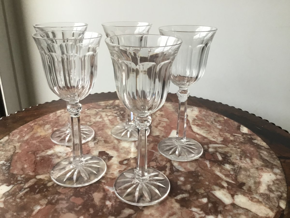 Suite Of 5 Crystal Wine Glasses, Prob Baccarat, Early Twentieth-photo-2