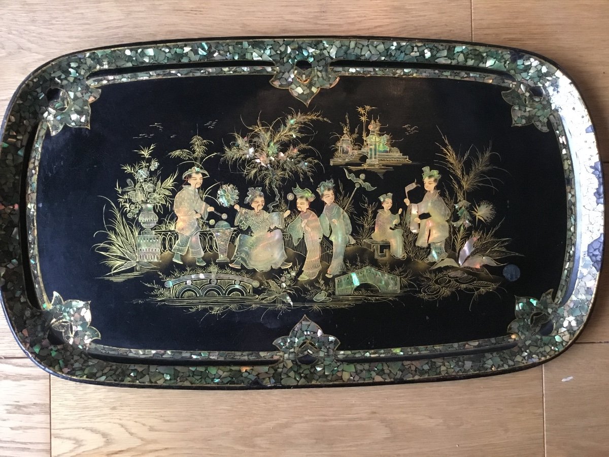 Tray With Chinoiserie Decor, Pont à Mousson, Around 1900-photo-3