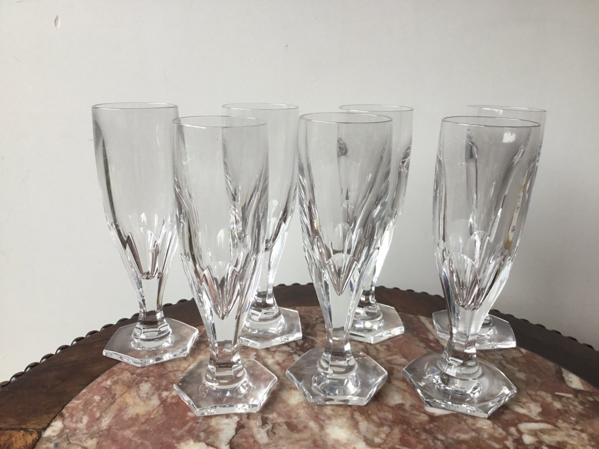 Suite Of 7 Crystal Flutes, Art Deco Model-photo-2