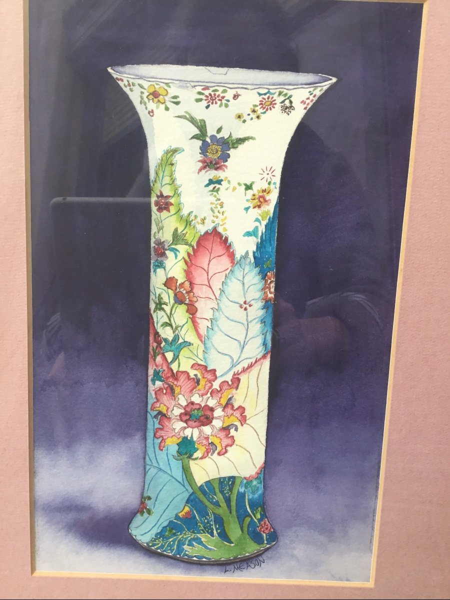 Art Nouveau Watercolor, Vase With Foliage, Signed-photo-4