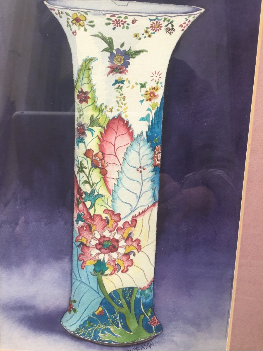 Art Nouveau Watercolor, Vase With Foliage, Signed-photo-1