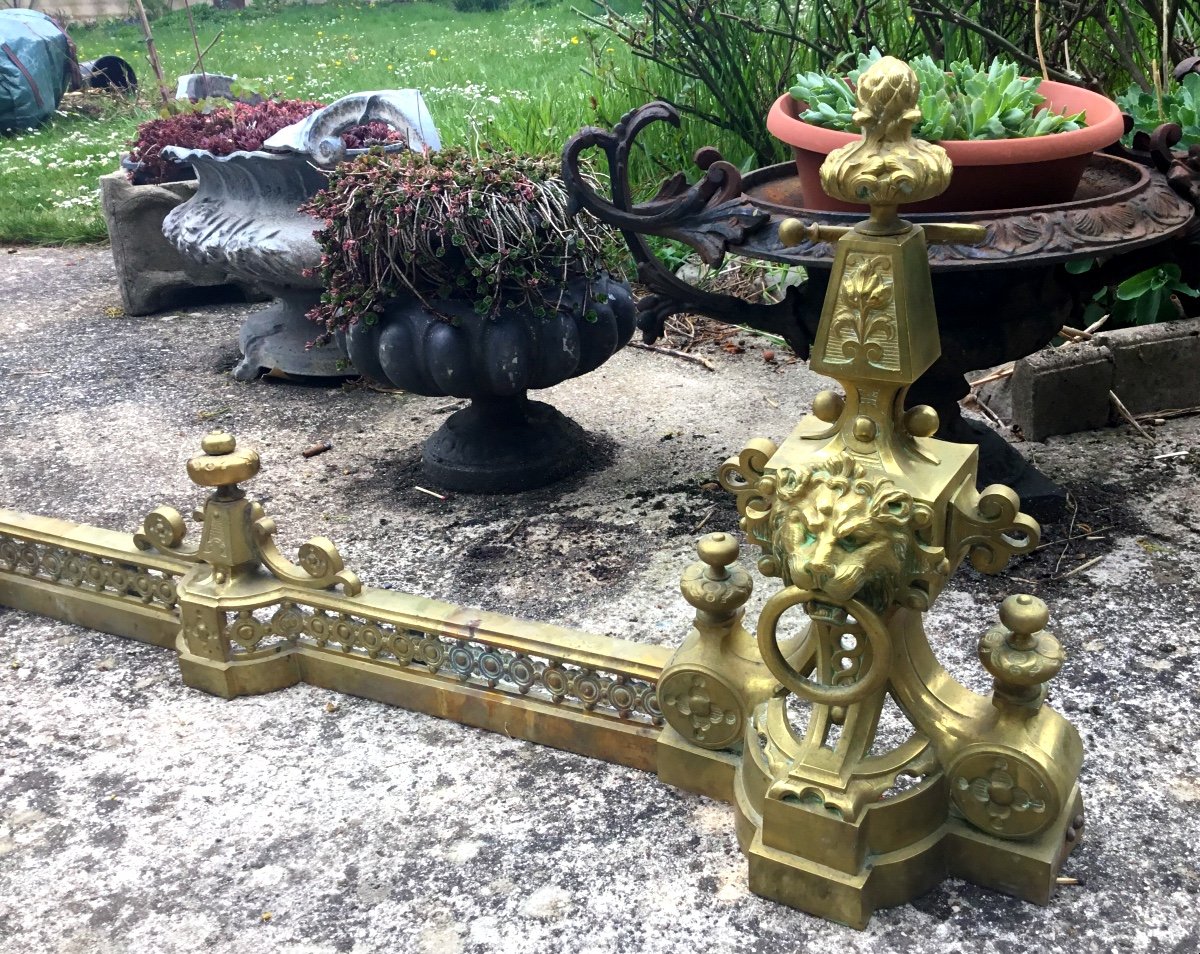 Gilt Bronze Hearth Bar With Lions' Mufles