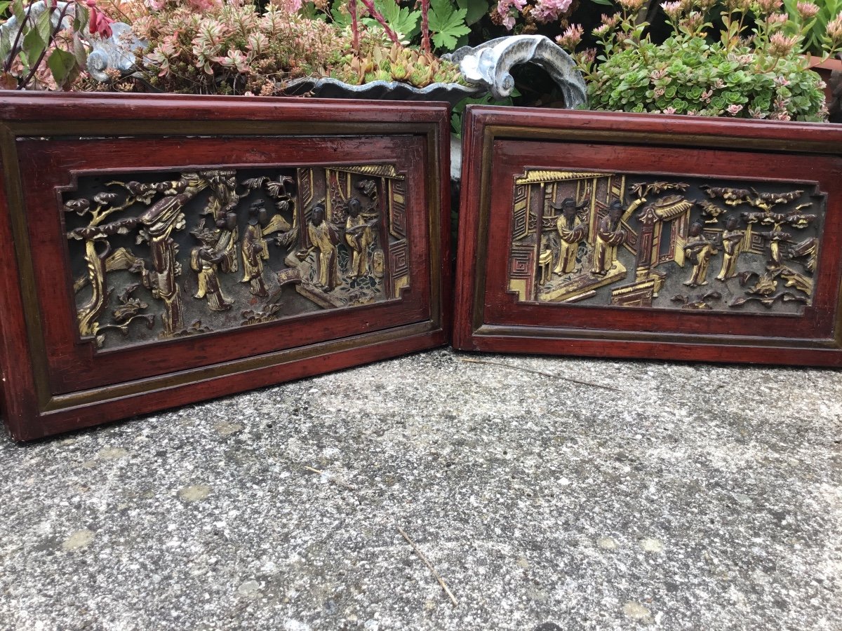 Pair Of Carved Paintings Of Courtyard Scenes, China-photo-2