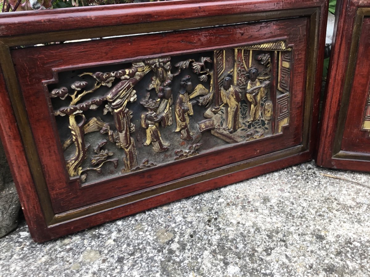 Pair Of Carved Paintings Of Courtyard Scenes, China-photo-3