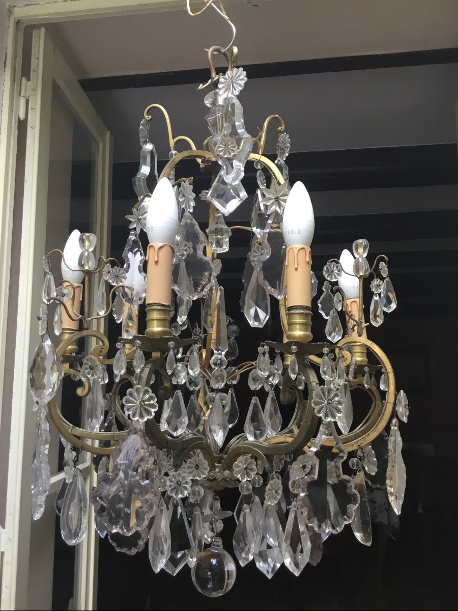 Cage Chandelier In Gilt Bronze And Large Crystal Pendants-photo-4