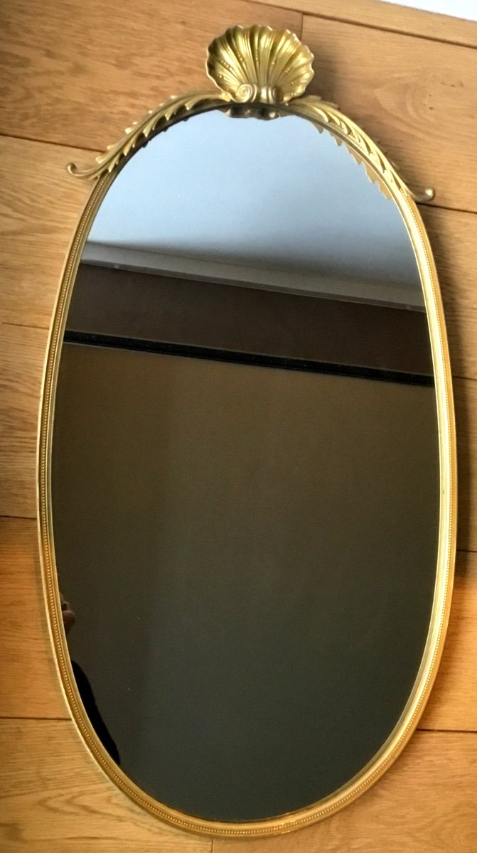 Miroir Ovale , Monture En Bronze Doré, Années 50