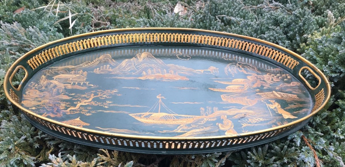 Lacquered Sheet Metal Serving Tray, Chinoiserie Decor-photo-2