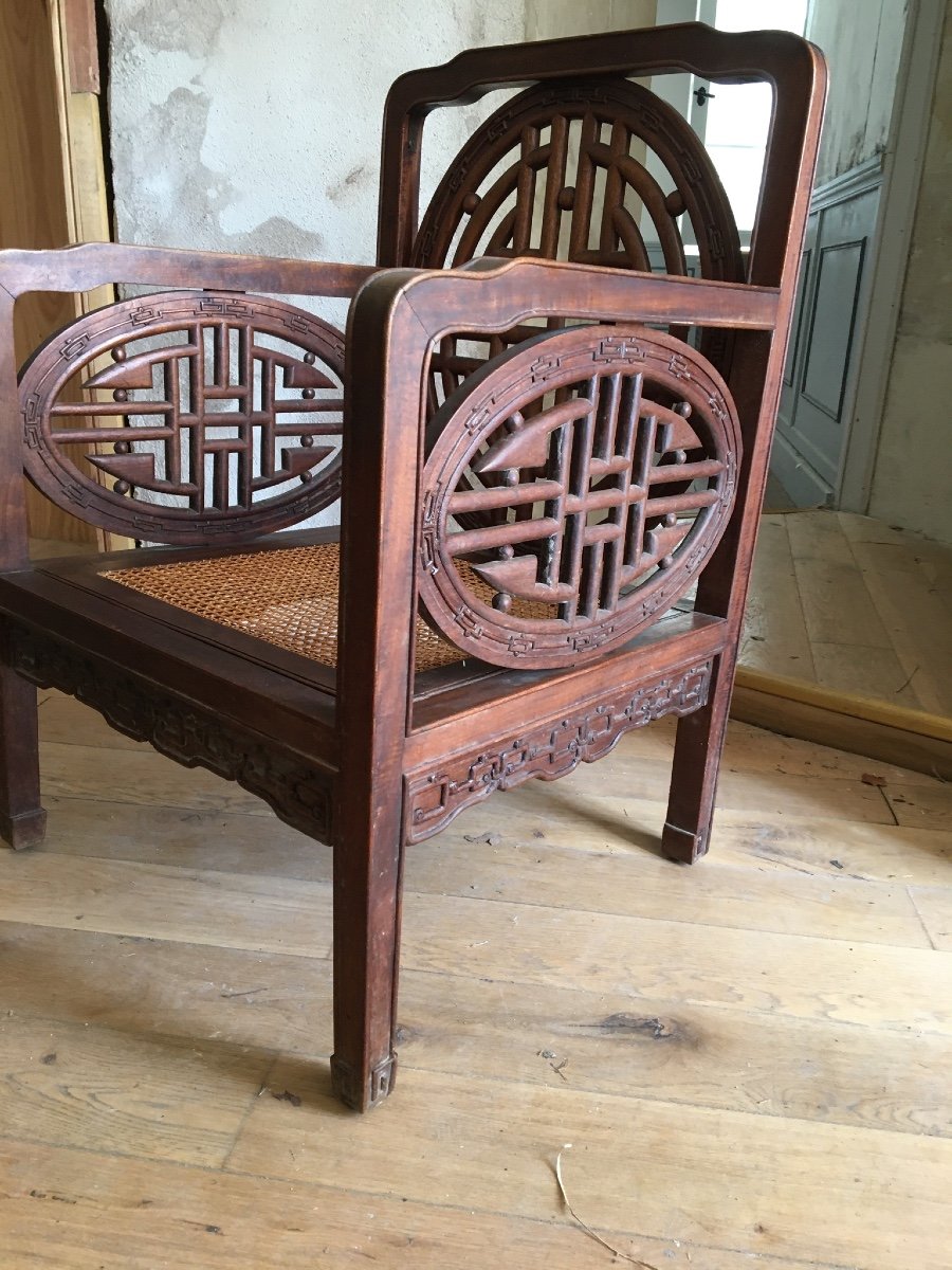 Chinese Armchair In Carved Exotic Wood-photo-1