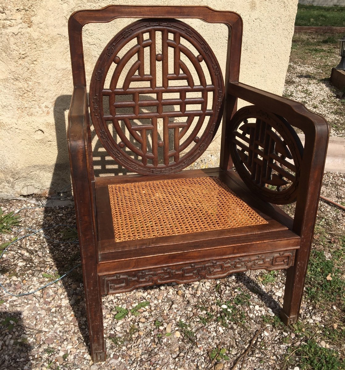 Chinese Armchair In Carved Exotic Wood-photo-6