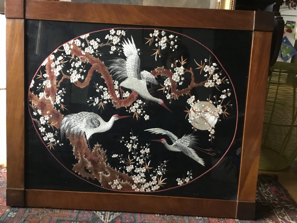 Broderie, Grues au Clair de Lune, Art Nouveau, Encadrée , japon-photo-4