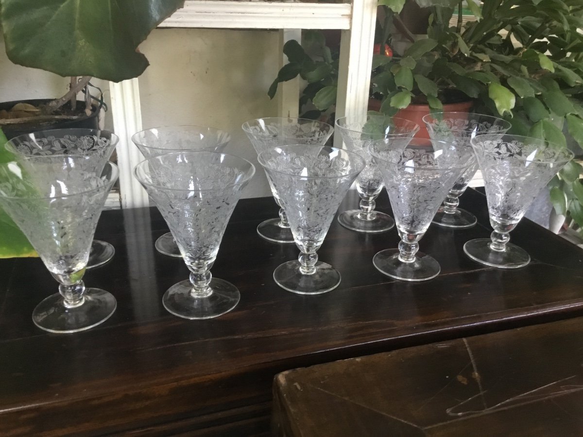 9 Petits Verres à Apéritif En Cristal Gravé ( +2)-photo-5