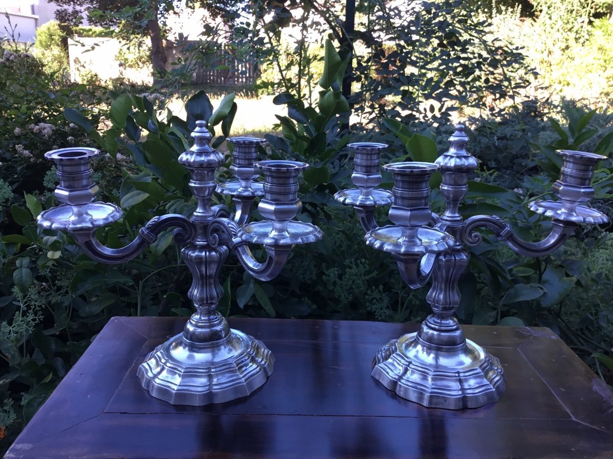 Pair Of Regency Style Silvered Bronze Candlesticks Or Candlesticks-photo-2