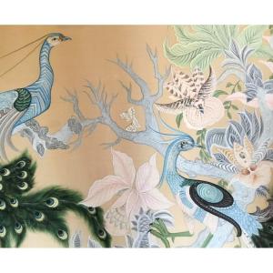 Couple D’oiseaux Et Orchidées, Peinture Du Soie