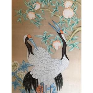 Couple Of Cranes, Silk Painting