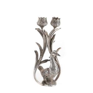 Candlestick In Silvered And Chiseled Bronze With Two Lights And Duck