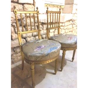 The Pair Of Golden Wood Chairs And Chinese Embroidery