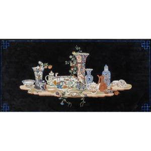 Hard Stone Marquetry Tray With Japanese Porcelain Decor 137 Cm