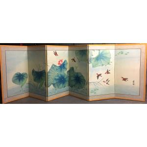 Japanese Byōbu Screen With Water Lilies Decor 