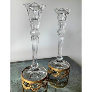 The Pair Of Dlg Crystal Candlesticks By Baccarat Gold Mount 