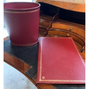 Set De Bureau Corbeille Et Sous Main En Cuir Rouge 