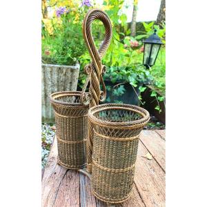 Folk Art Woven Wicker Bottle Holder 