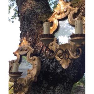 Pair Of Baroque Gilded Wood Mirror Wall Lights