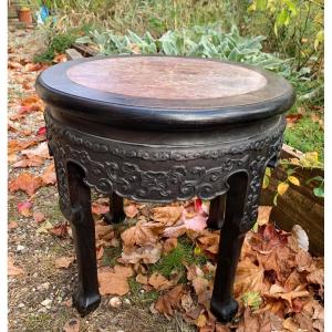 Chinese Stool Carved Exotic Wood And Marble