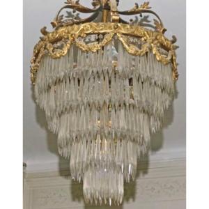 19th Century Gilt Bronze Cascade Chandelier Decorated With Mirzas