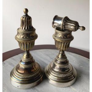 Pair Of Reversible Cassolette Candlesticks, In Louis XVI Silver Plated Metal 