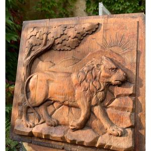 Lion Carved Panel At Sunset 