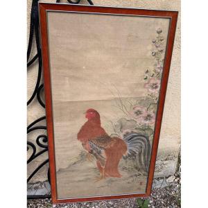 Aquarelle Asiatique Le Coq A La Rose Trémière  107 cm 