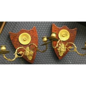 Pair Of Walnut Burl Escutcheon Sconces