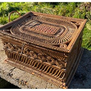 Folk Art Large Woven Wicker Wool Chest