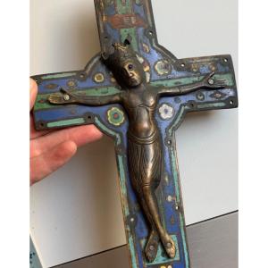 Rare Cross With Christ In Copper And Champlevé Enamels